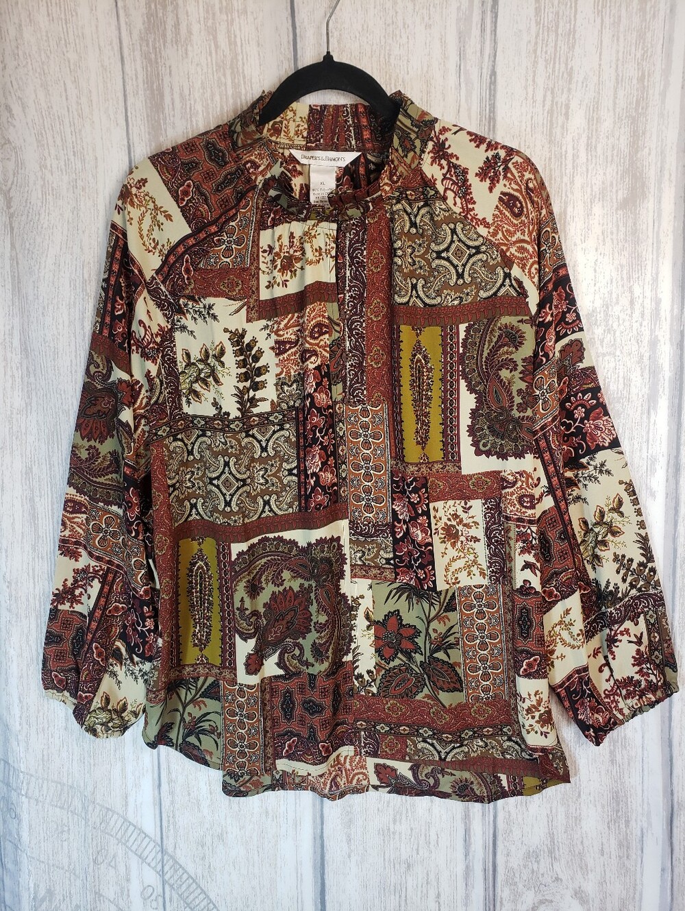 Draper's & Damon's women's Fall Patchwork Paisley Long-Sleeve Blouse Sz XL New!